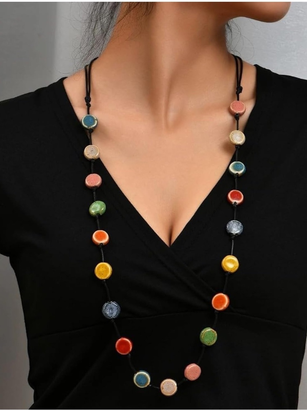 Multicolor Ceramic Flat Bead Charm Necklace